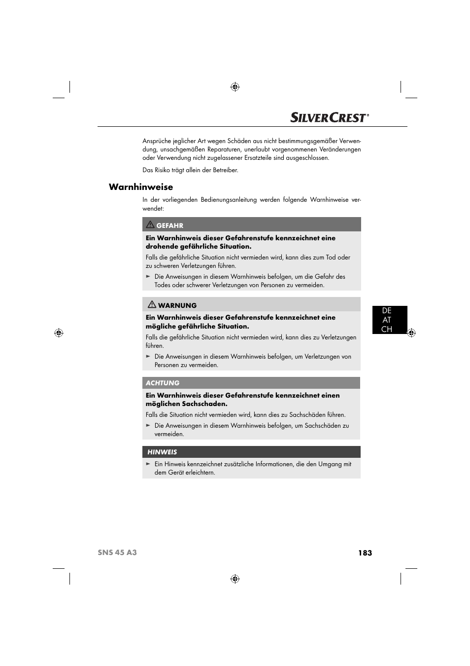 Warnhinweise, De at ch | Silvercrest SNS 45 A3 User Manual | Page 186 / 214