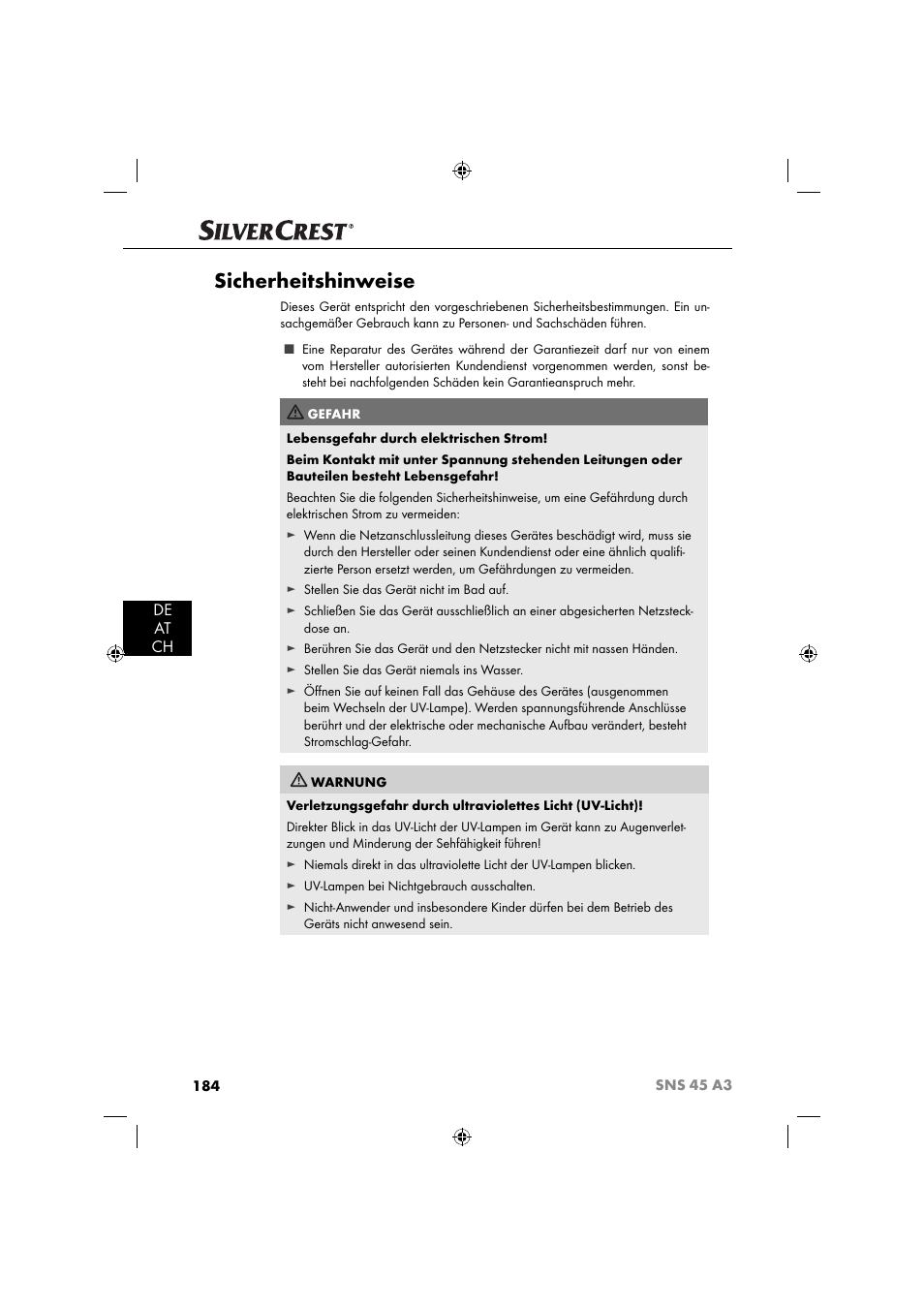 Sicherheitshinweise, De at ch | Silvercrest SNS 45 A3 User Manual | Page 187 / 214