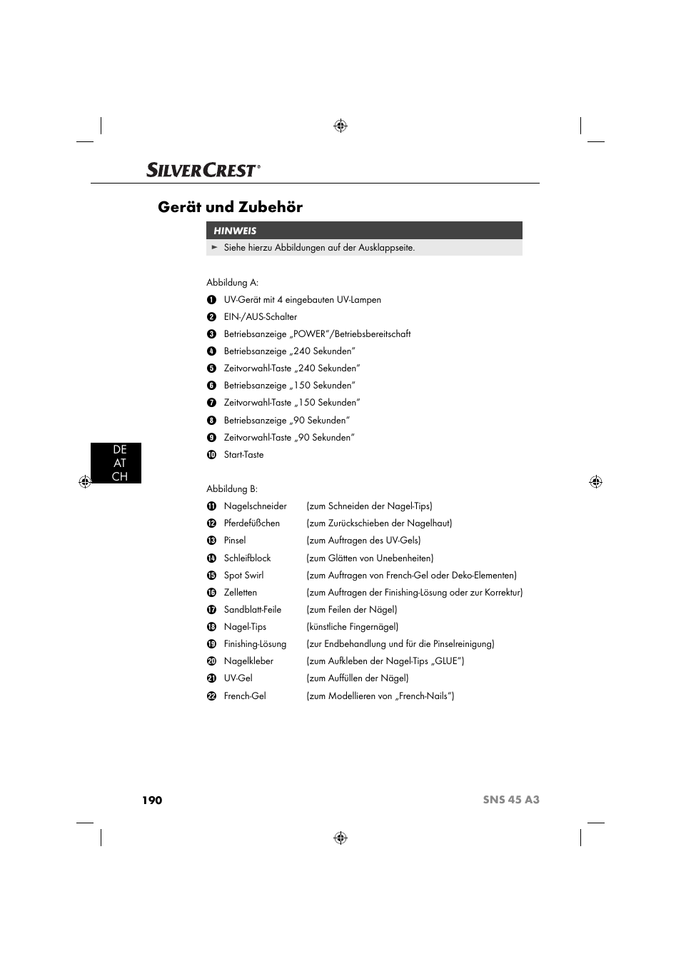 Gerät und zubehör, De at ch | Silvercrest SNS 45 A3 User Manual | Page 193 / 214