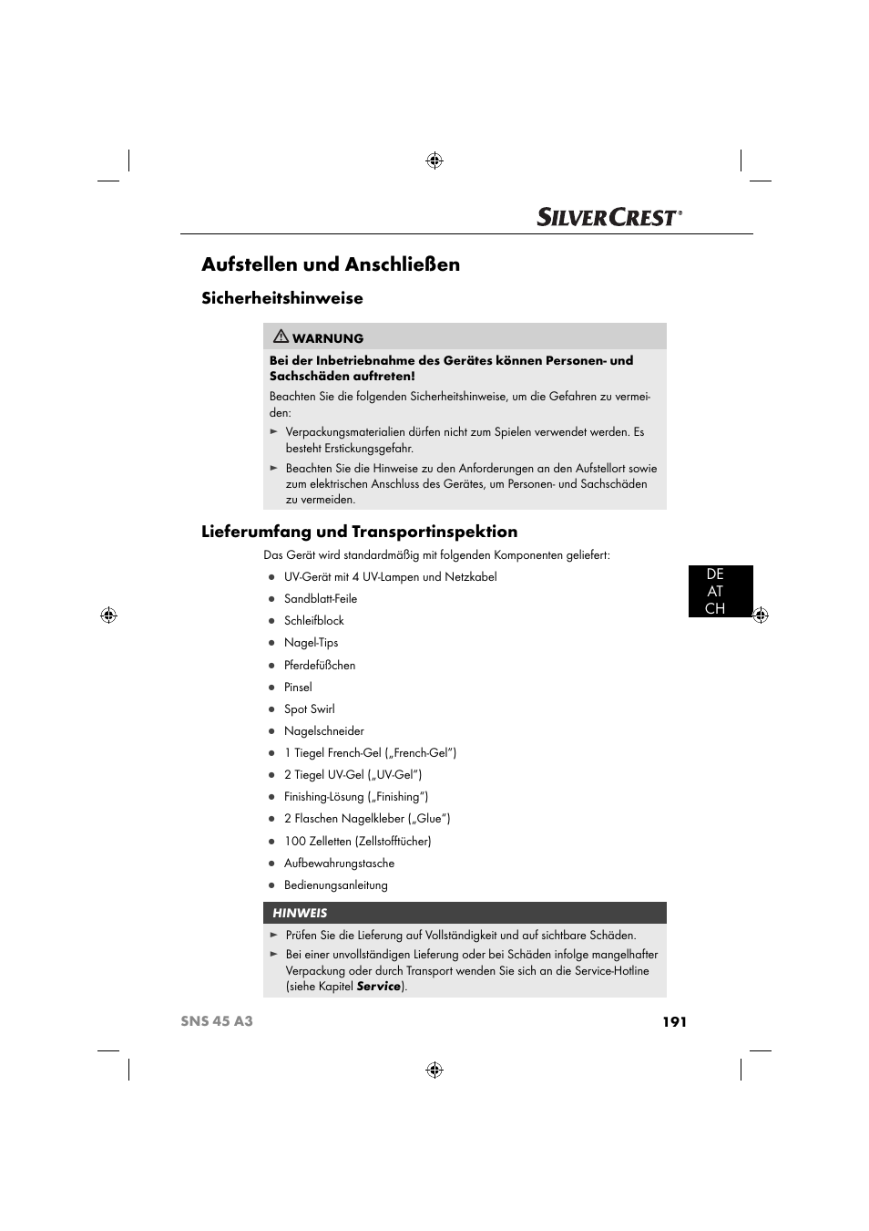 Aufstellen und anschließen, Sicherheitshinweise, Lieferumfang und transportinspektion | De at ch | Silvercrest SNS 45 A3 User Manual | Page 194 / 214