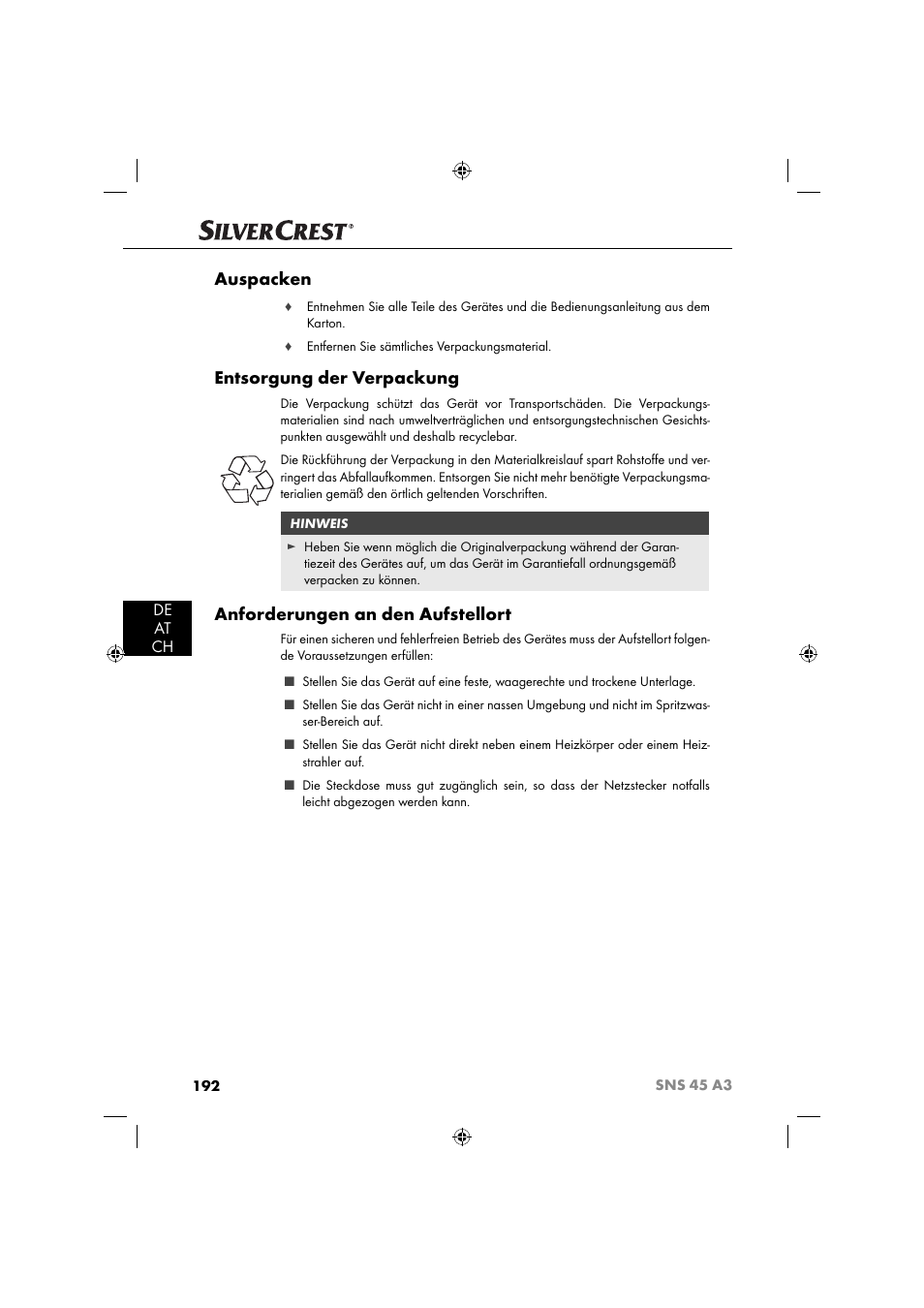 Auspacken, Entsorgung der verpackung, Anforderungen an den aufstellort | De at ch | Silvercrest SNS 45 A3 User Manual | Page 195 / 214