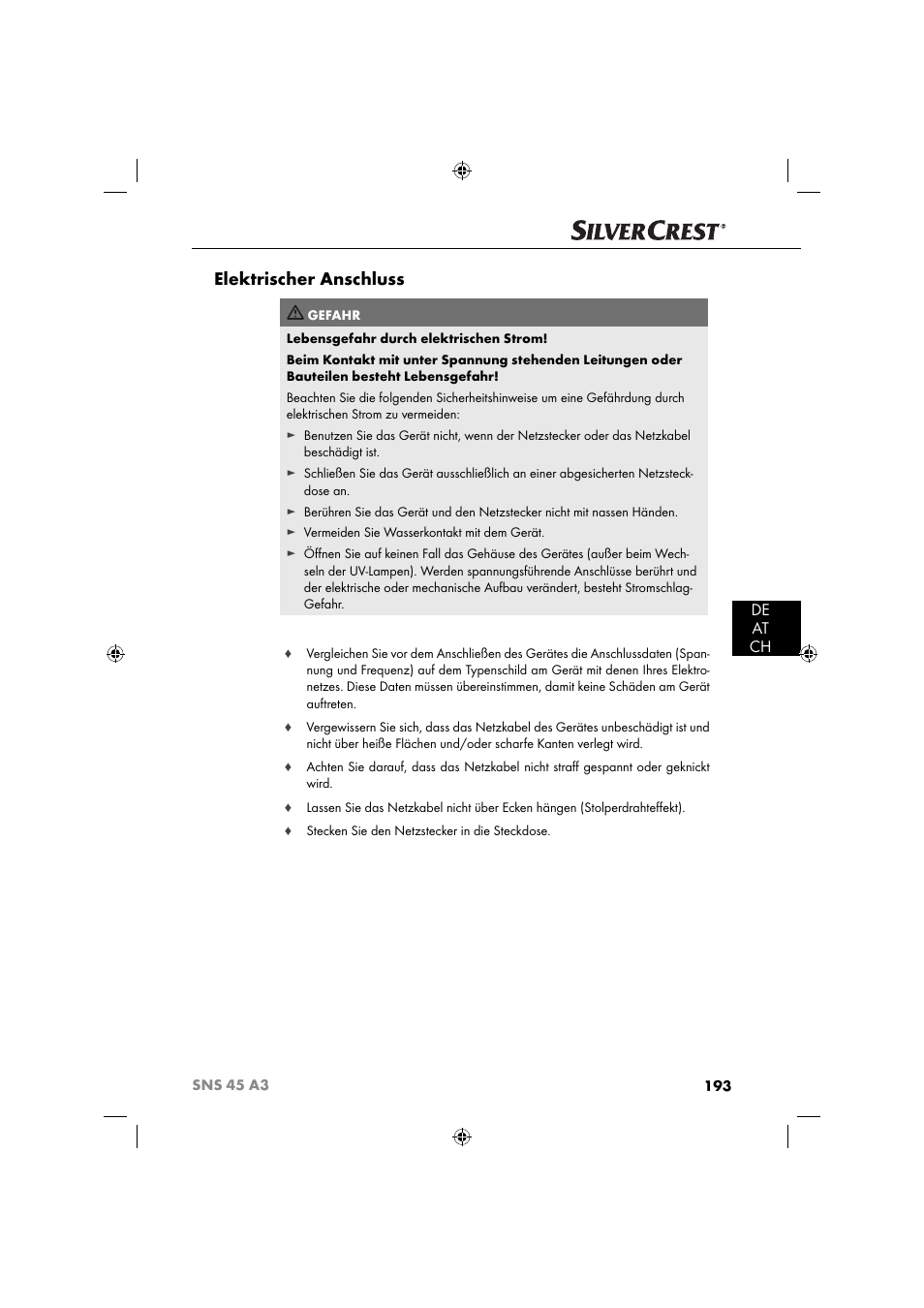 Elektrischer anschluss, De at ch | Silvercrest SNS 45 A3 User Manual | Page 196 / 214