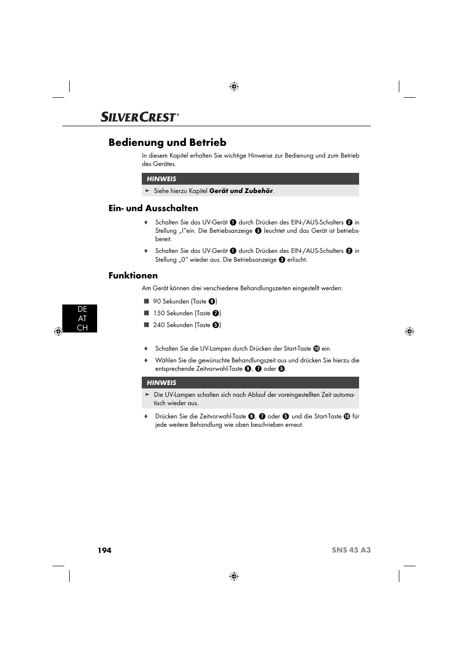 Bedienung und betrieb, Ein- und ausschalten, Funktionen | De at ch | Silvercrest SNS 45 A3 User Manual | Page 197 / 214