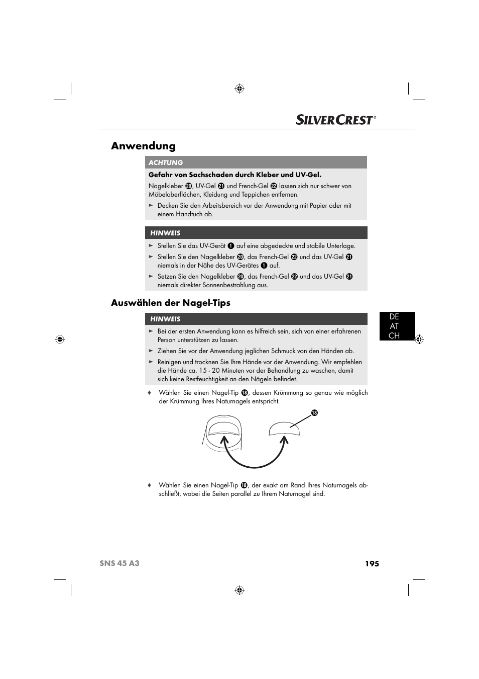 Anwendung, Auswählen der nagel-tips, De at ch | Silvercrest SNS 45 A3 User Manual | Page 198 / 214