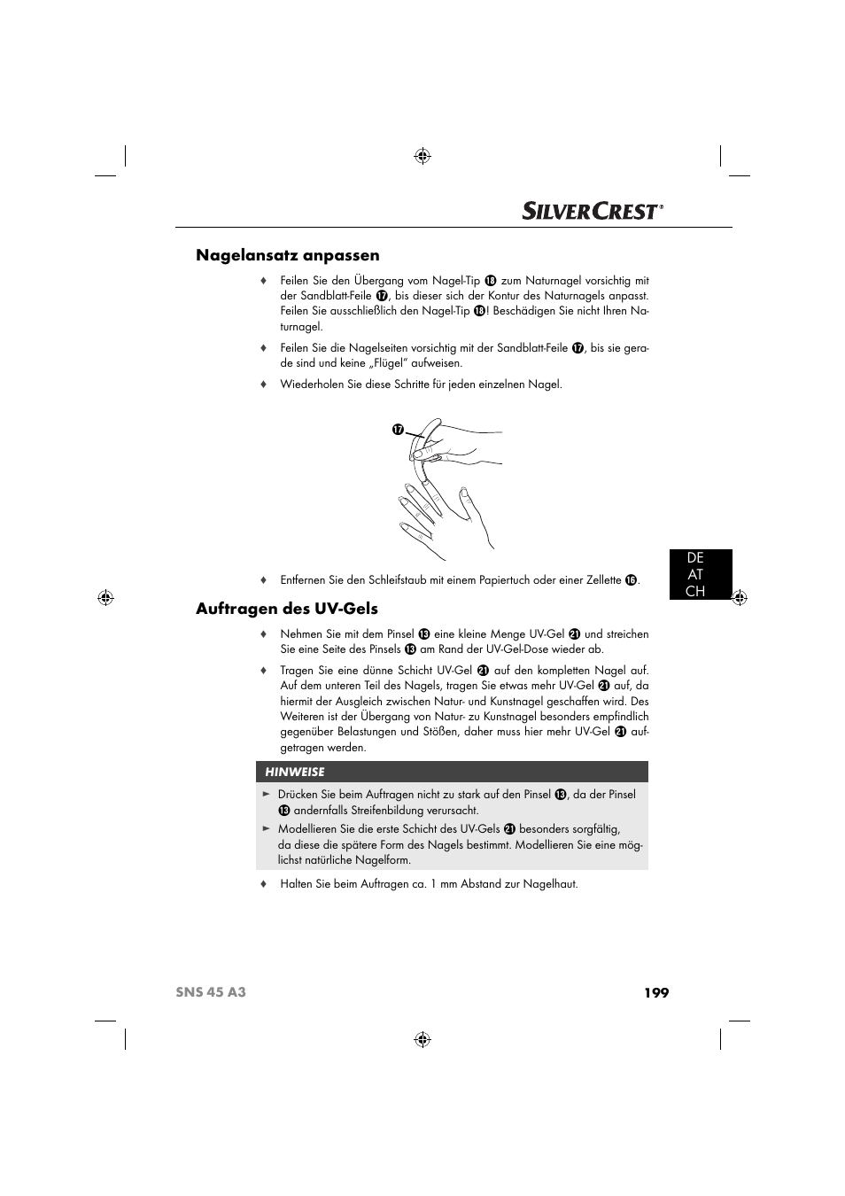 Nagelansatz anpassen, Auftragen des uv-gels, De at ch | Silvercrest SNS 45 A3 User Manual | Page 202 / 214