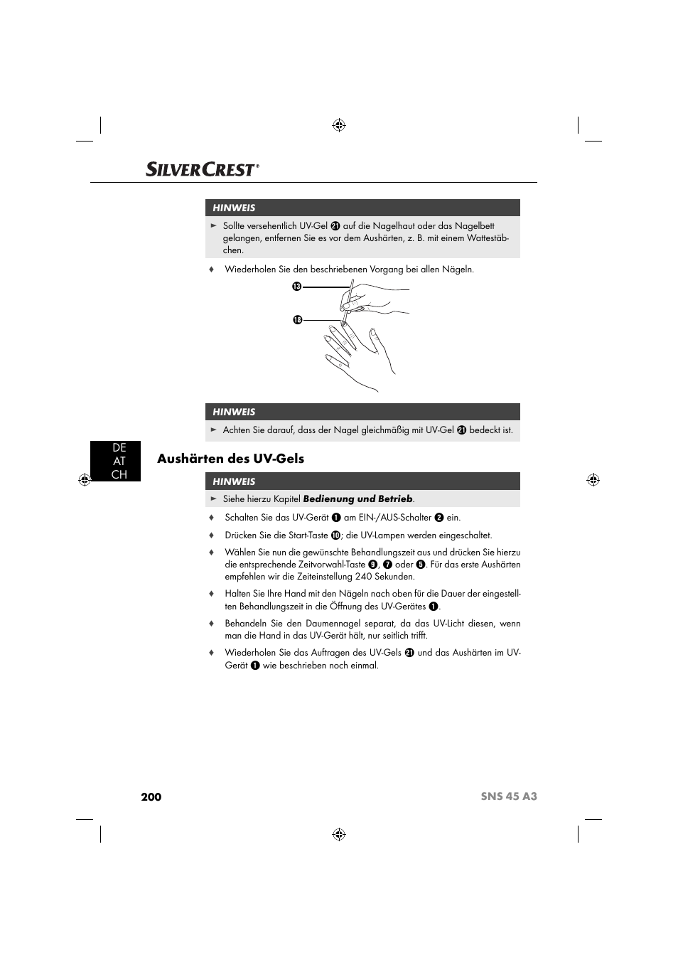 Aushärten des uv-gels, De at ch | Silvercrest SNS 45 A3 User Manual | Page 203 / 214