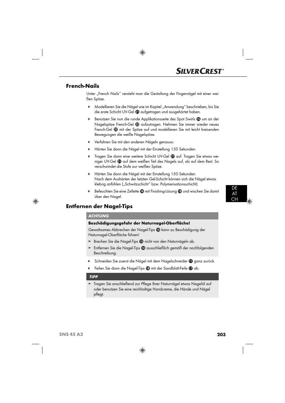 French-nails, Entfernen der nagel-tips, De at ch | Silvercrest SNS 45 A3 User Manual | Page 206 / 214