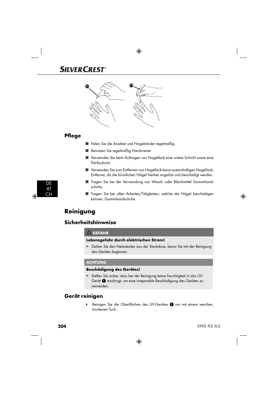 Reinigung, Pﬂ ege, Sicherheitshinweise | Gerät reinigen, De at ch | Silvercrest SNS 45 A3 User Manual | Page 207 / 214