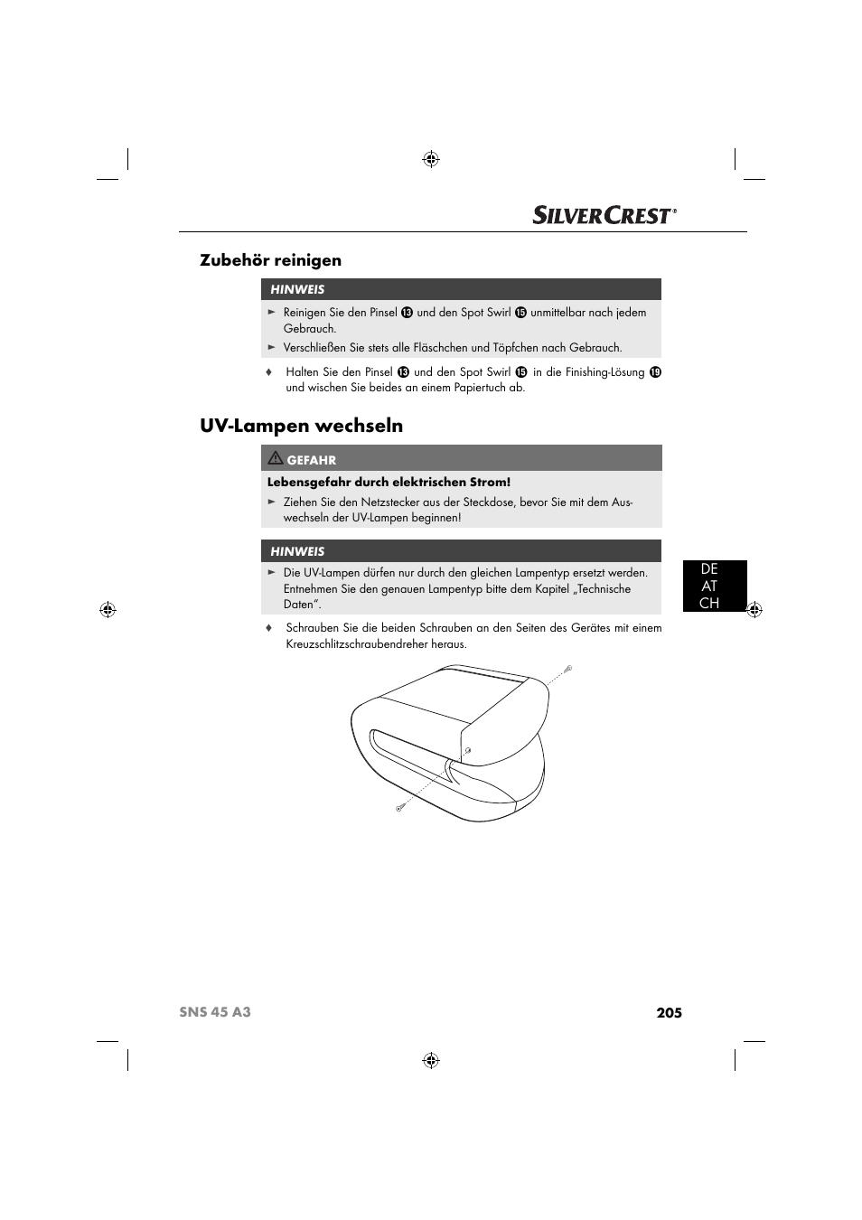 Uv-lampen wechseln, Zubehör reinigen, De at ch | Silvercrest SNS 45 A3 User Manual | Page 208 / 214