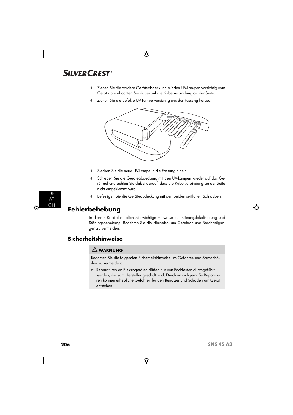 Fehlerbehebung, Sicherheitshinweise, De at ch | Silvercrest SNS 45 A3 User Manual | Page 209 / 214