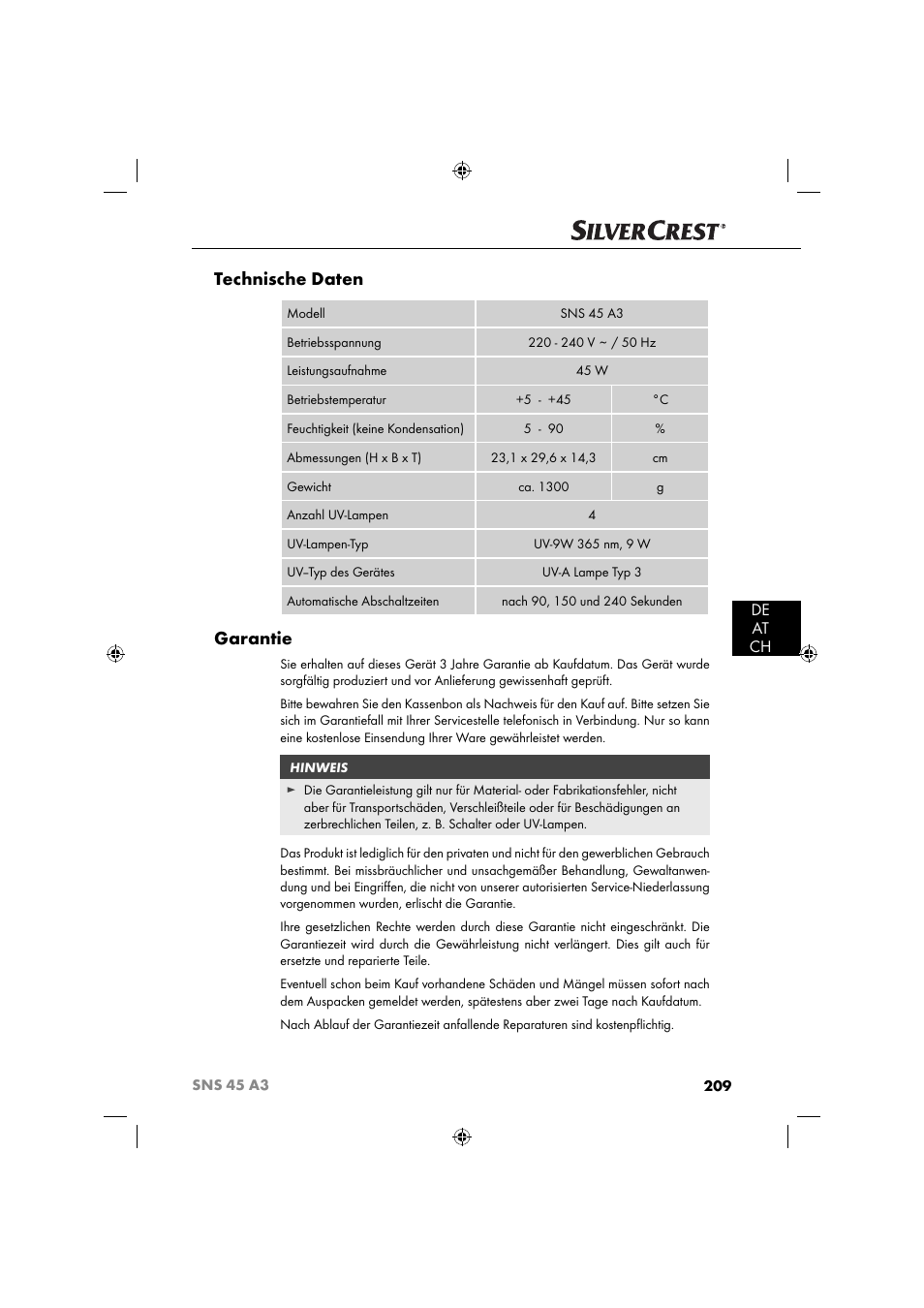 Technische daten, Garantie, De at ch | Silvercrest SNS 45 A3 User Manual | Page 212 / 214