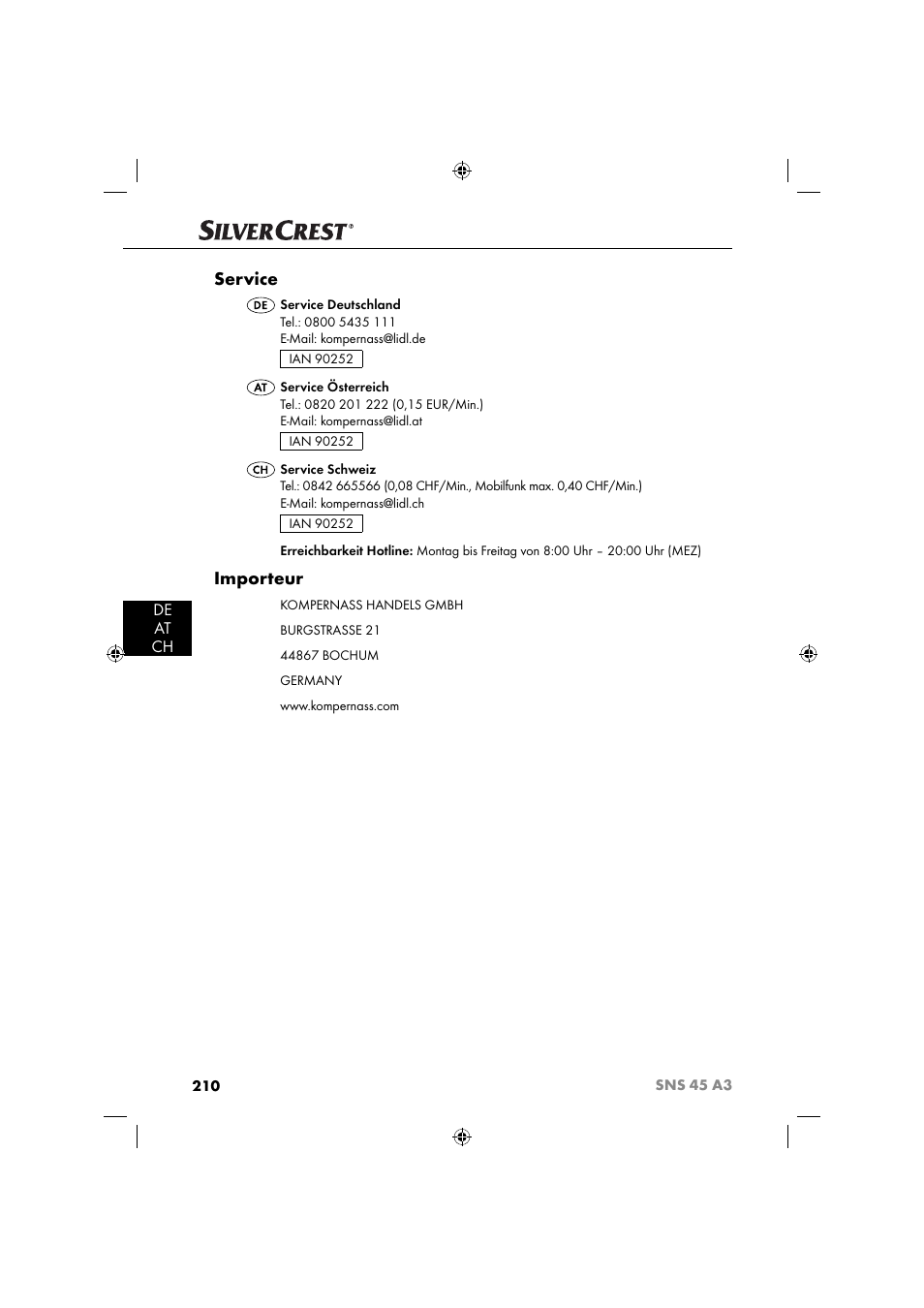 Service, Importeur, De at ch | Silvercrest SNS 45 A3 User Manual | Page 213 / 214