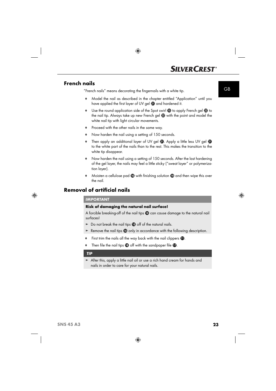 French nails, Removal of artiﬁ cial nails | Silvercrest SNS 45 A3 User Manual | Page 26 / 214