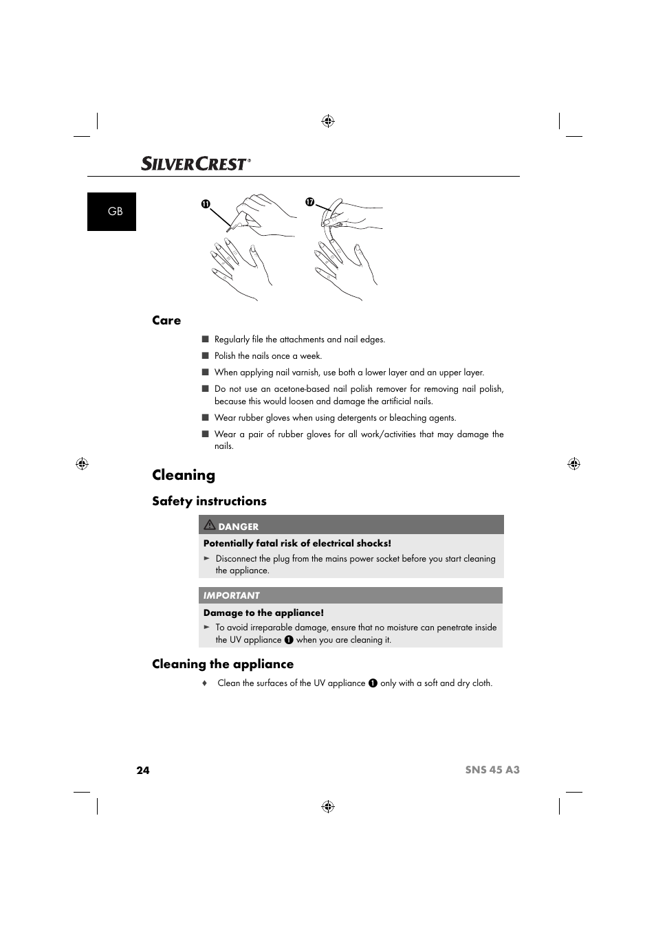 Cleaning, Care, Safety instructions | Cleaning the appliance | Silvercrest SNS 45 A3 User Manual | Page 27 / 214