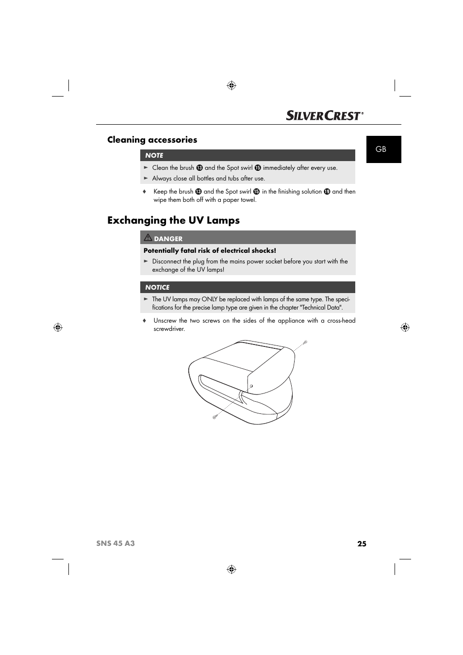 Exchanging the uv lamps, Cleaning accessories | Silvercrest SNS 45 A3 User Manual | Page 28 / 214