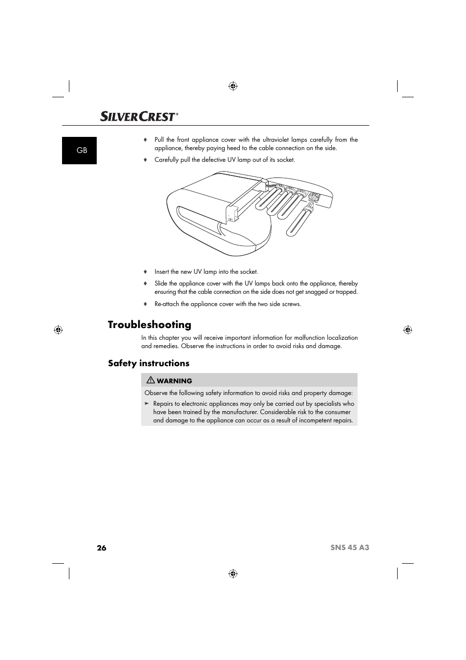 Troubleshooting, Safety instructions | Silvercrest SNS 45 A3 User Manual | Page 29 / 214