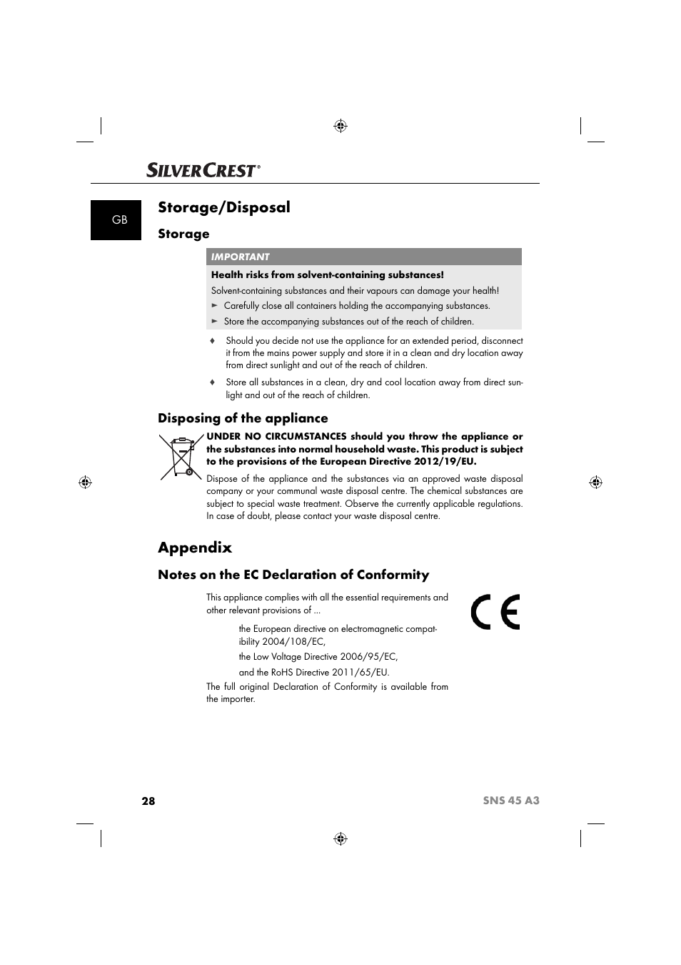 Storage/disposal, Appendix, Storage | Disposing of the appliance | Silvercrest SNS 45 A3 User Manual | Page 31 / 214