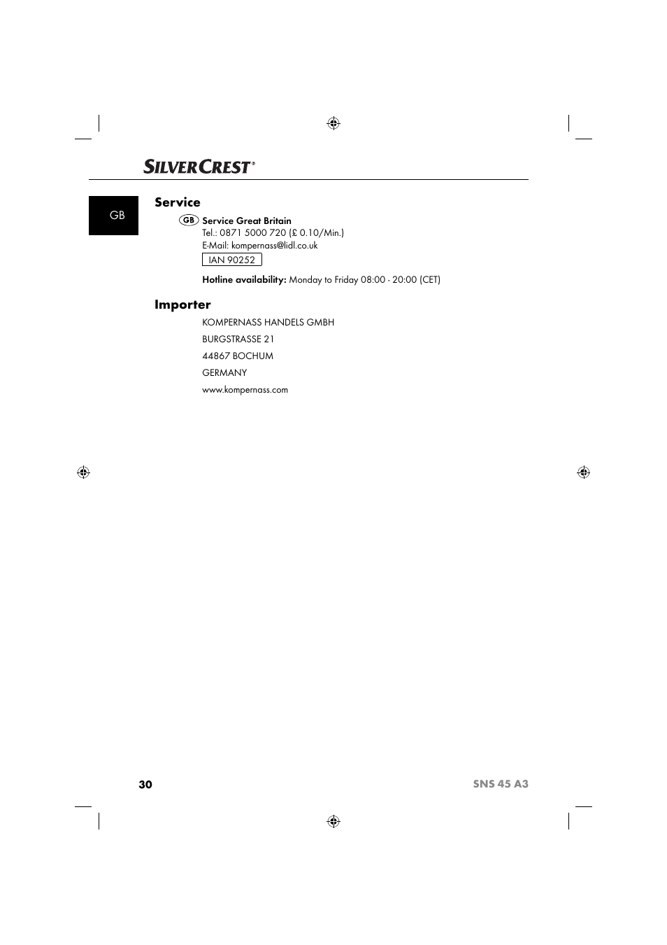 Service, Importer | Silvercrest SNS 45 A3 User Manual | Page 33 / 214