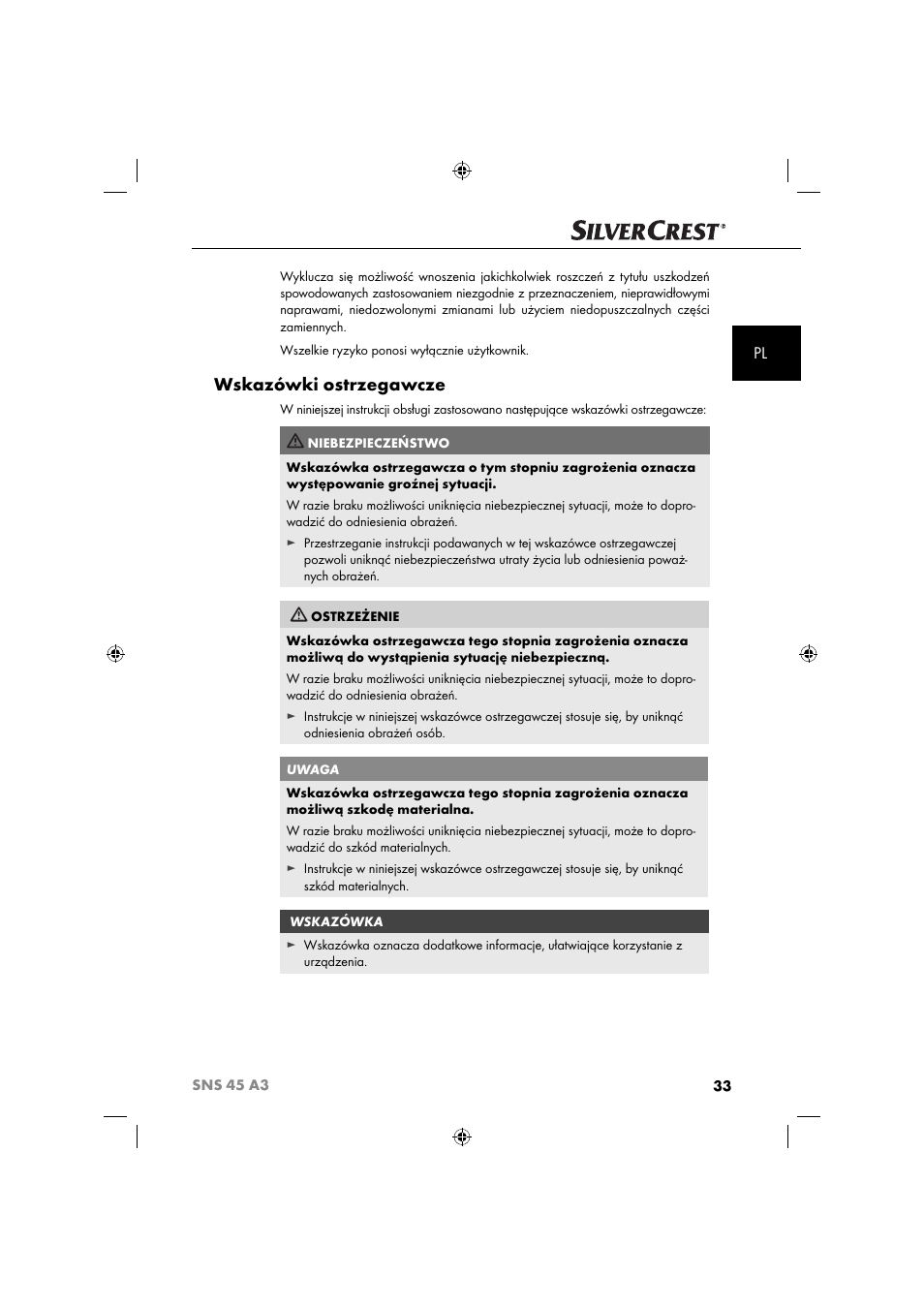Wskazówki ostrzegawcze | Silvercrest SNS 45 A3 User Manual | Page 36 / 214