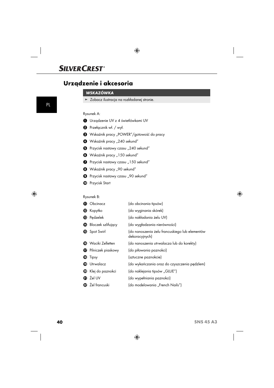 Urządzenie i akcesoria | Silvercrest SNS 45 A3 User Manual | Page 43 / 214