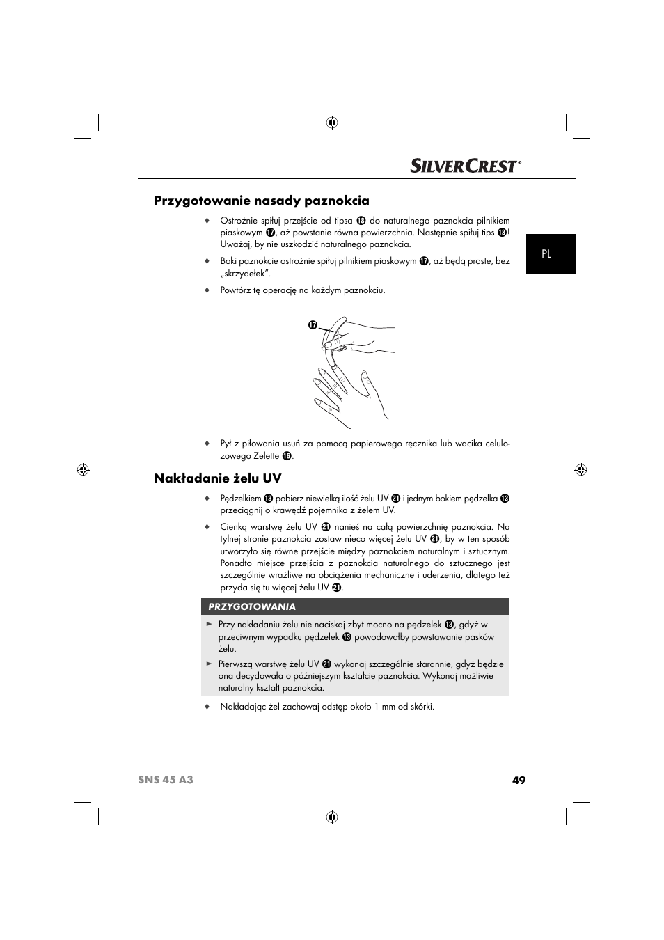 Przygotowanie nasady paznokcia, Nakładanie żelu uv | Silvercrest SNS 45 A3 User Manual | Page 52 / 214