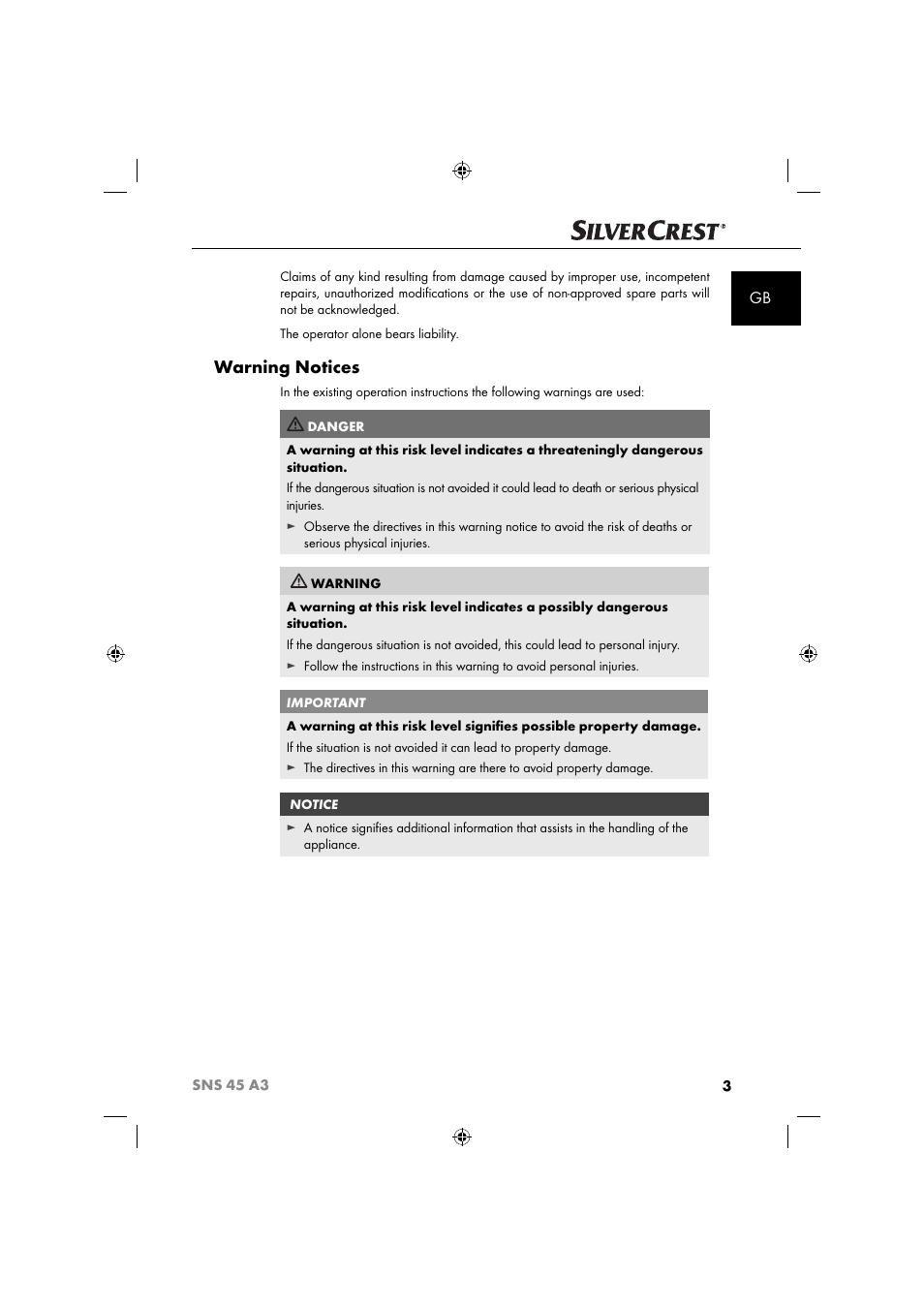 Warning notices | Silvercrest SNS 45 A3 User Manual | Page 6 / 214