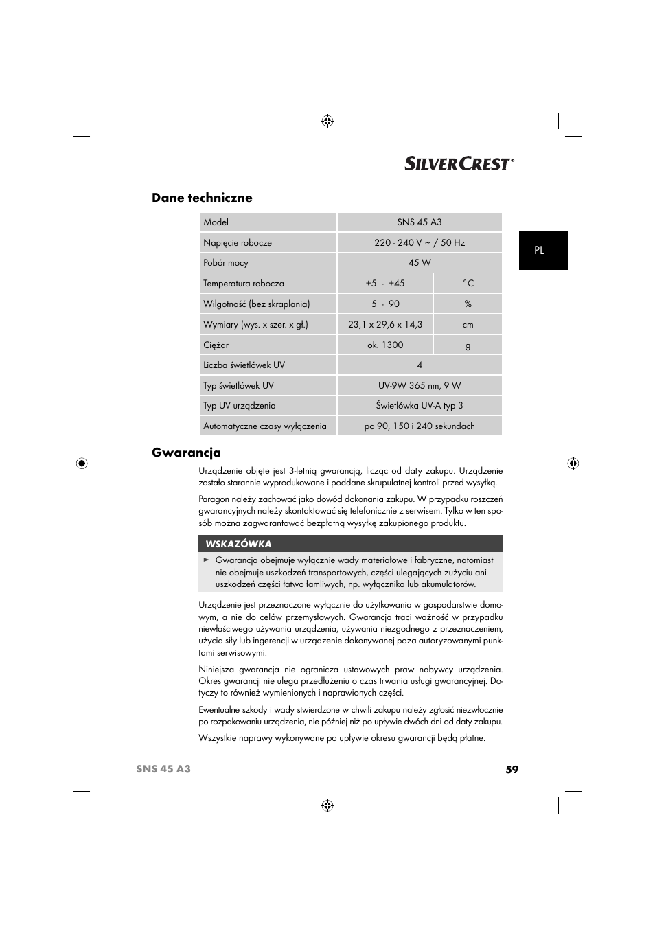 Dane techniczne, Gwarancja | Silvercrest SNS 45 A3 User Manual | Page 62 / 214