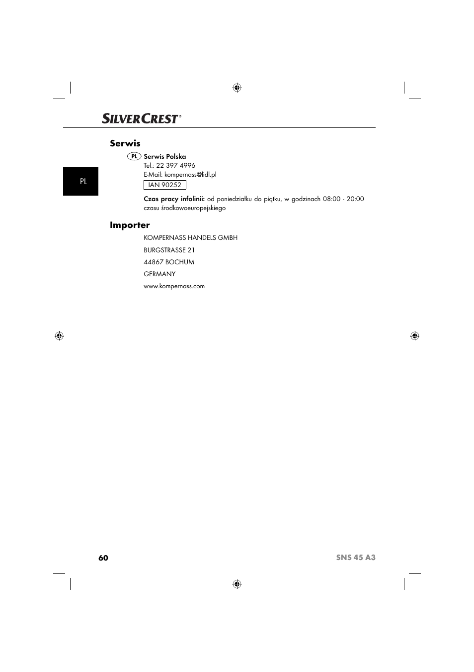 Serwis, Importer | Silvercrest SNS 45 A3 User Manual | Page 63 / 214