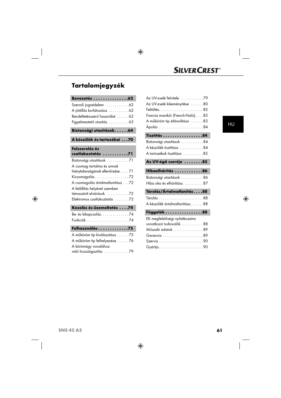 Tartalomjegyzék | Silvercrest SNS 45 A3 User Manual | Page 64 / 214