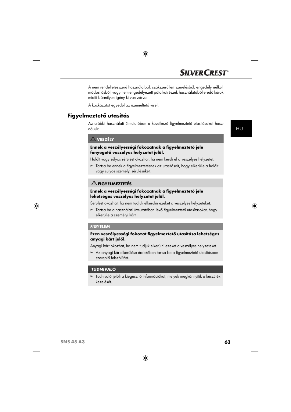 Figyelmeztető utasítás | Silvercrest SNS 45 A3 User Manual | Page 66 / 214