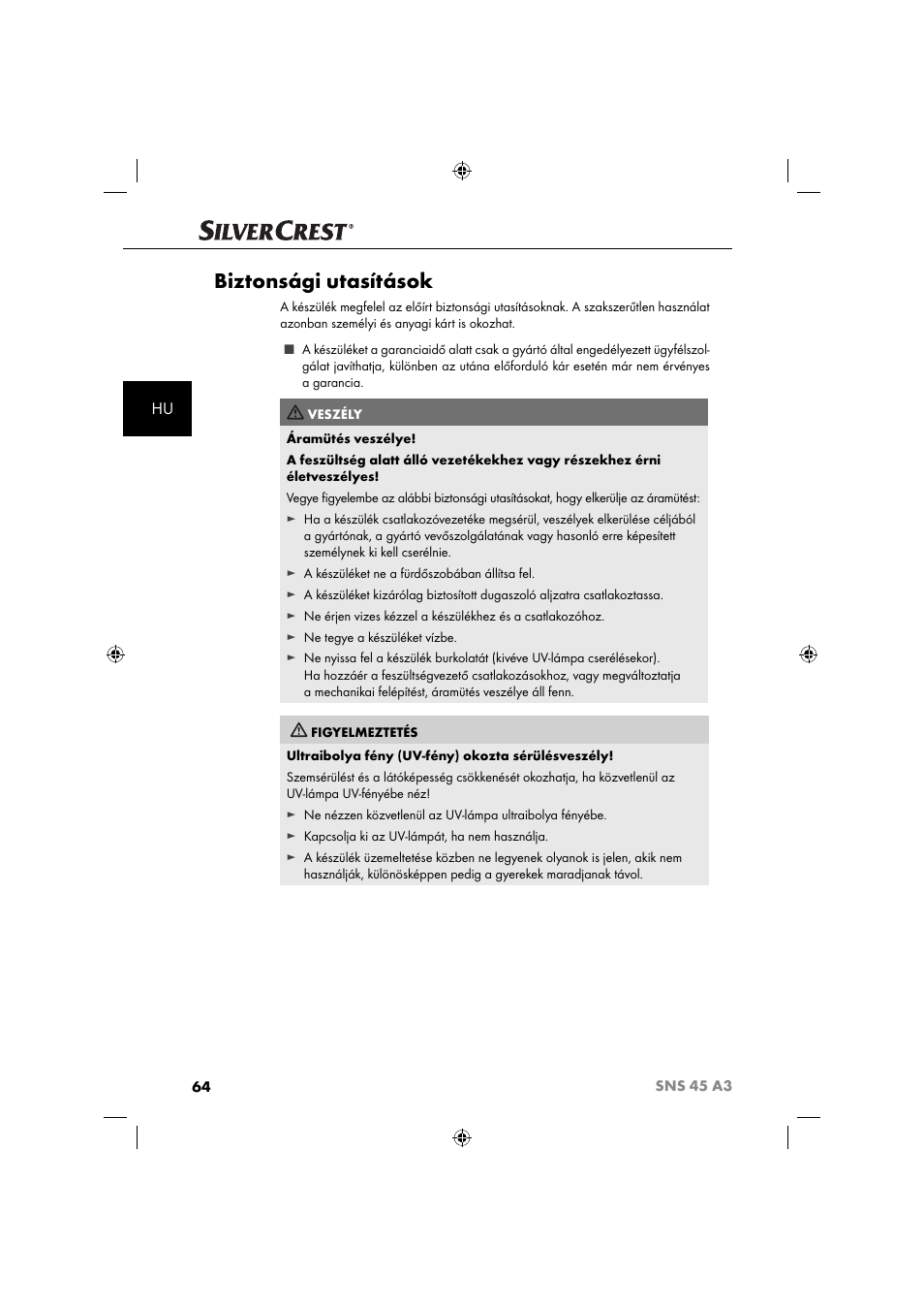 Biztonsági utasítások | Silvercrest SNS 45 A3 User Manual | Page 67 / 214