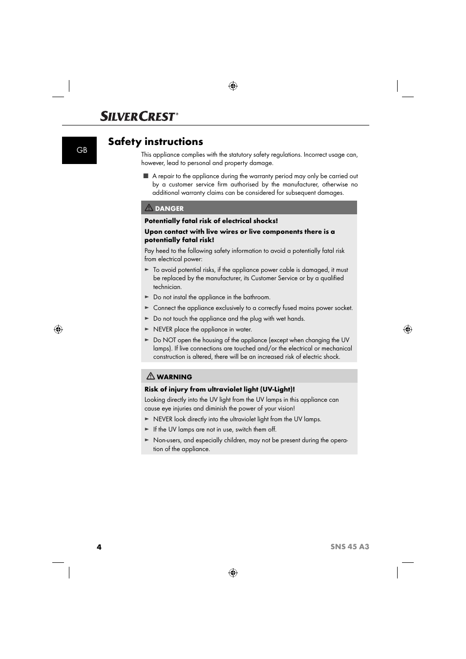 Safety instructions | Silvercrest SNS 45 A3 User Manual | Page 7 / 214