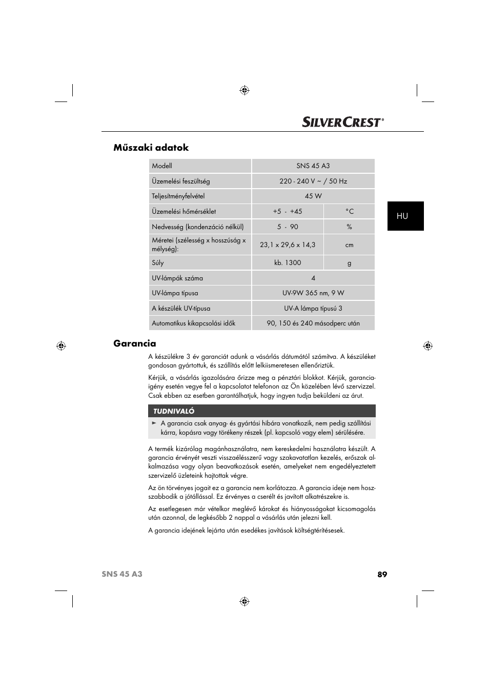 Műszaki adatok, Garancia | Silvercrest SNS 45 A3 User Manual | Page 92 / 214