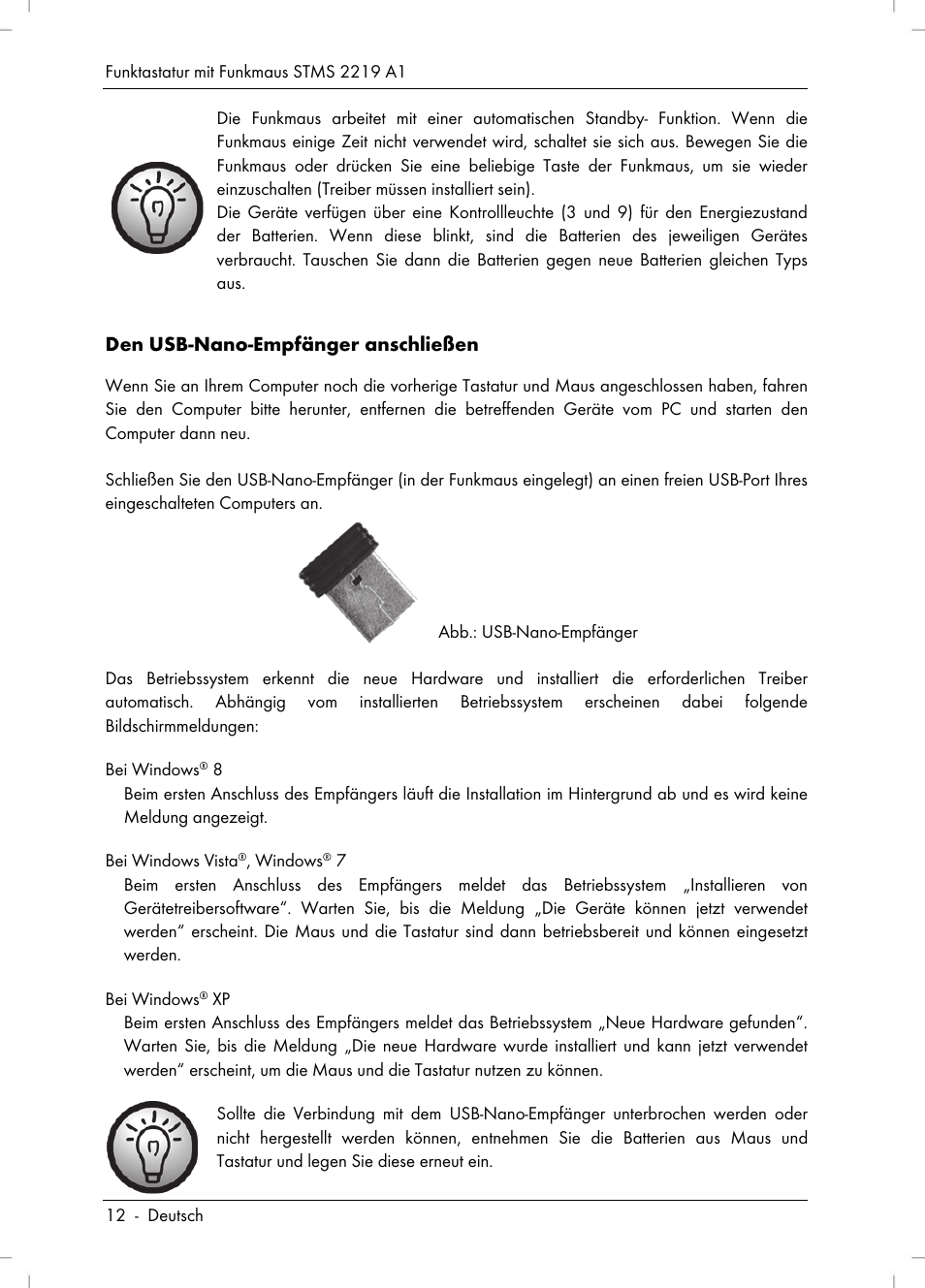 Den usb-nano-empfänger anschließen | Silvercrest STMS 2219 A1 User Manual | Page 14 / 110