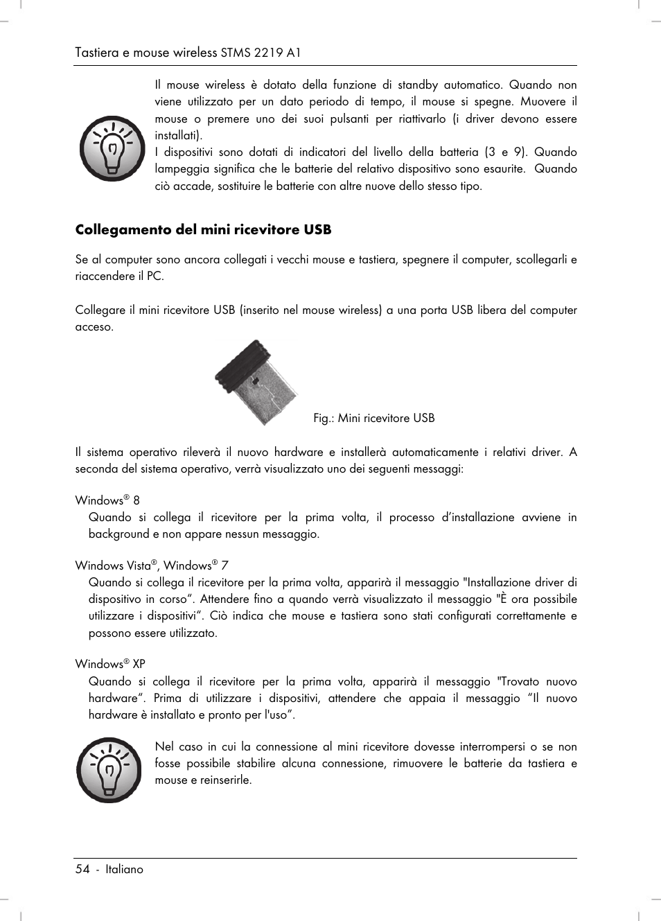 Tastiera e mouse wireless, Collegamento del mini ricevitore usb | Silvercrest STMS 2219 A1 User Manual | Page 56 / 110