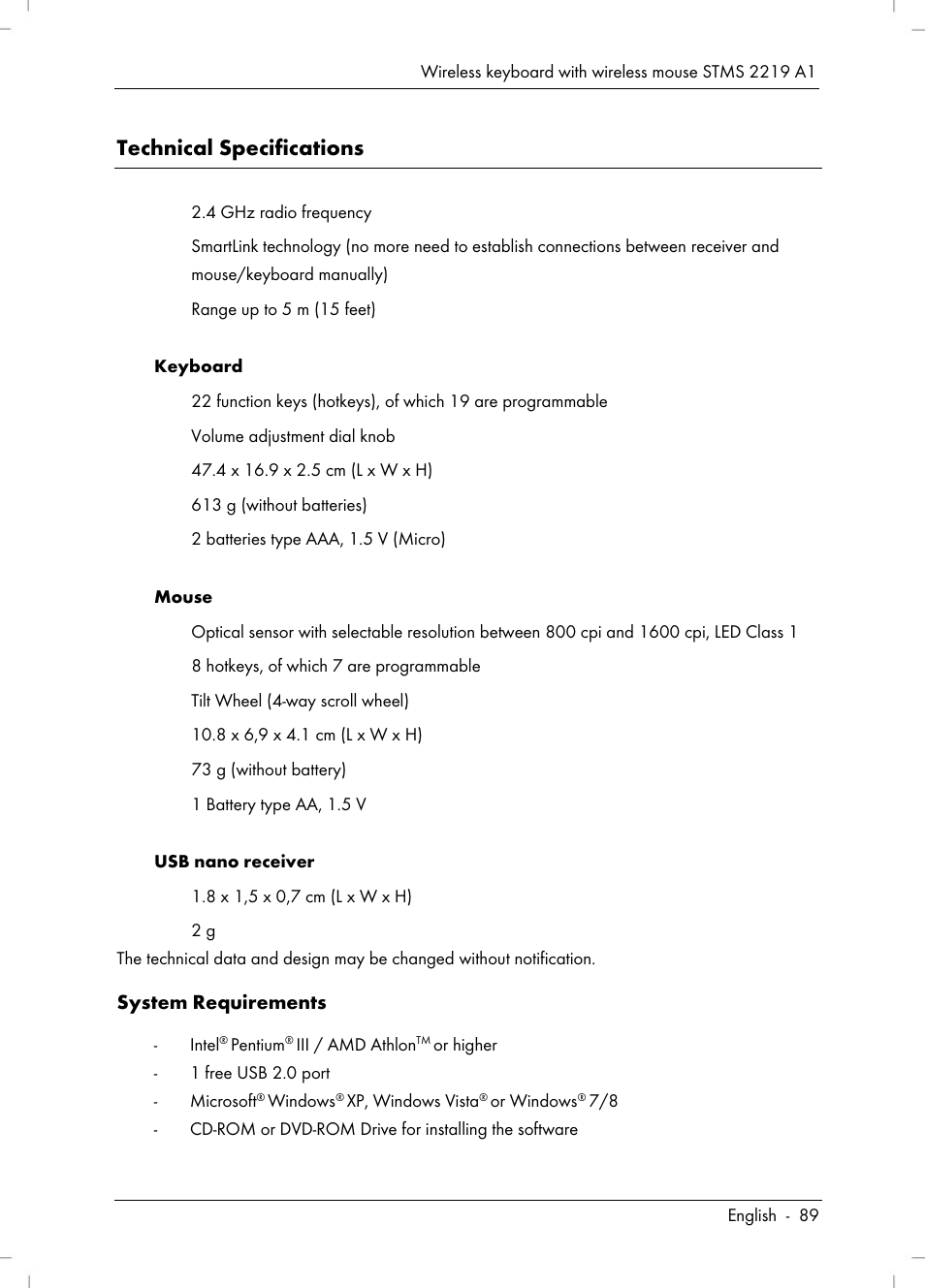 Technical specifications | Silvercrest STMS 2219 A1 User Manual | Page 91 / 110