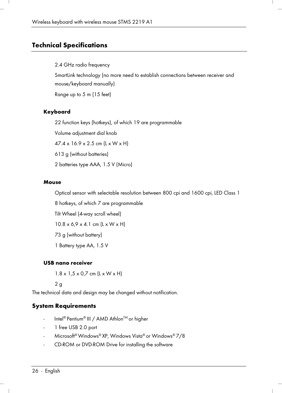 Technical specifications | Silvercrest STMS 2219 A1 User Manual | Page 28 / 68