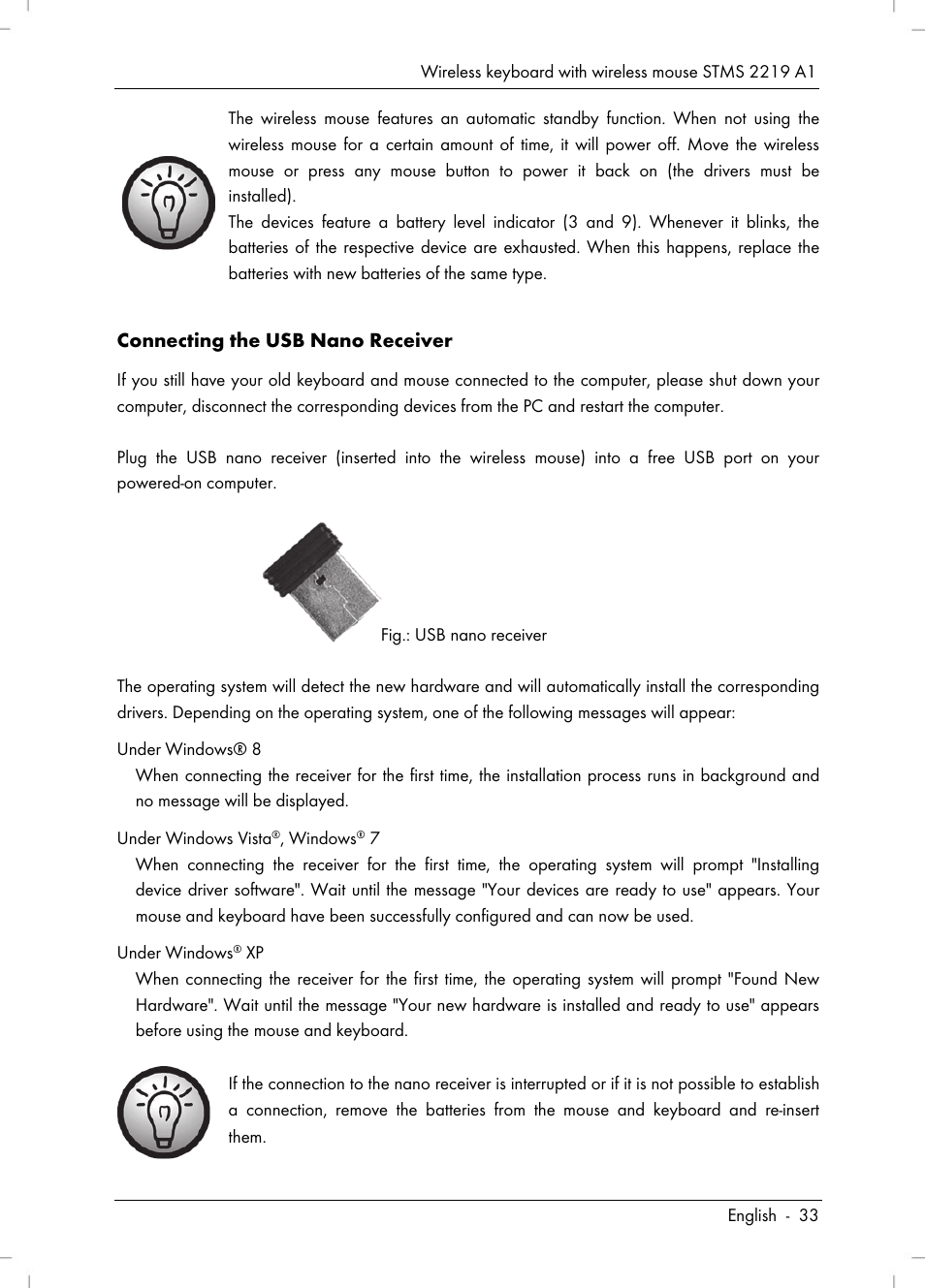 Connecting the usb nano receiver | Silvercrest STMS 2219 A1 User Manual | Page 35 / 68