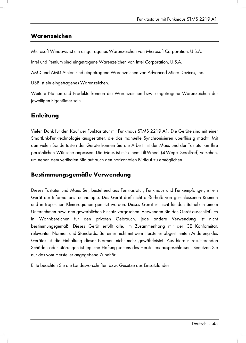 Warenzeichen, Einleitung, Bestimmungsgemäße verwendung | Silvercrest STMS 2219 A1 User Manual | Page 47 / 68