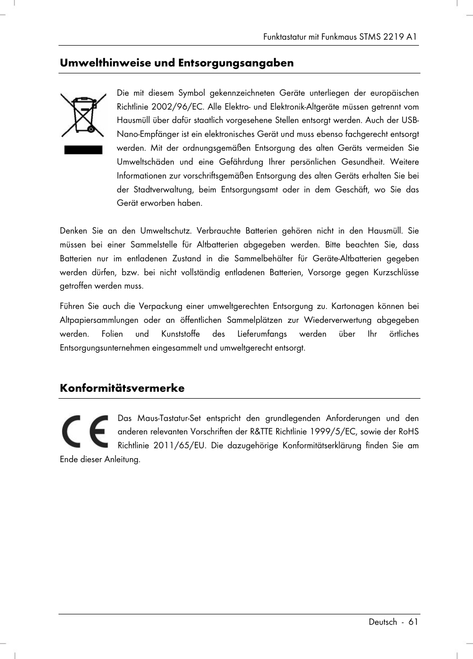 Umwelthinweise und entsorgungsangaben, Konformitätsvermerke | Silvercrest STMS 2219 A1 User Manual | Page 63 / 68