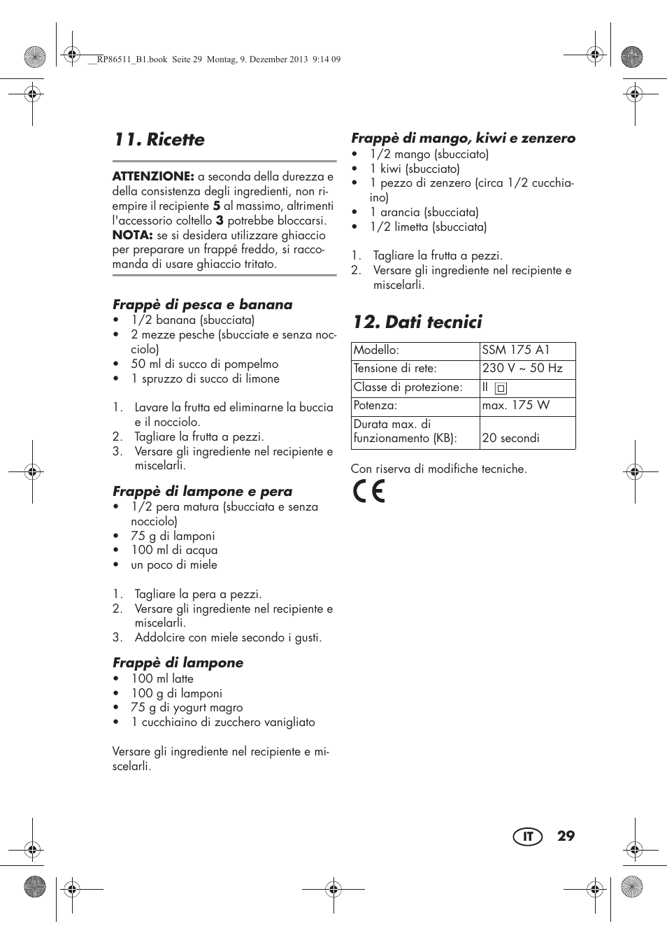 Ricette, Dati tecnici | Silvercrest SSM 175 A1 User Manual | Page 31 / 54