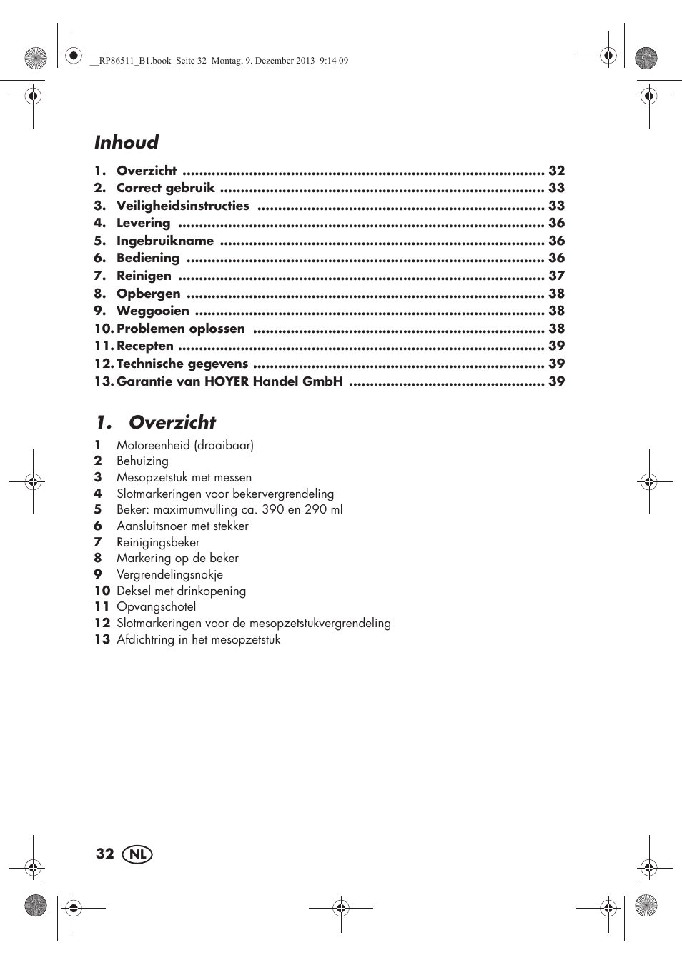 Inhoud, Overzicht | Silvercrest SSM 175 A1 User Manual | Page 34 / 54