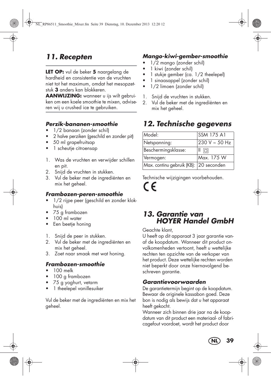 Recepten, Technische gegevens, Garantie van hoyerhandel gmbh | Silvercrest SSM 175 A1 User Manual | Page 41 / 54