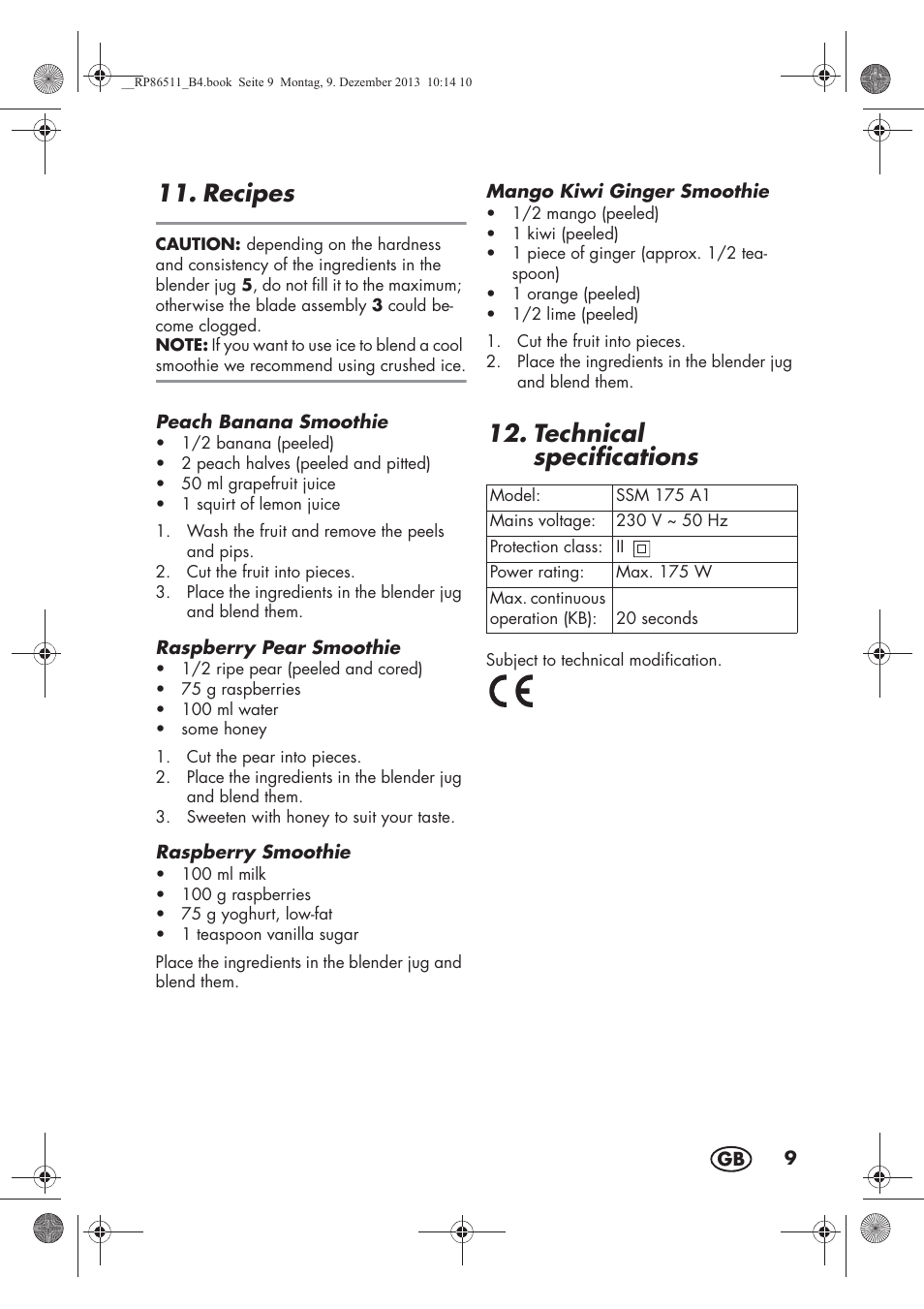 Recipes, Technical specifications | Silvercrest SSM 175 A1 User Manual | Page 11 / 78