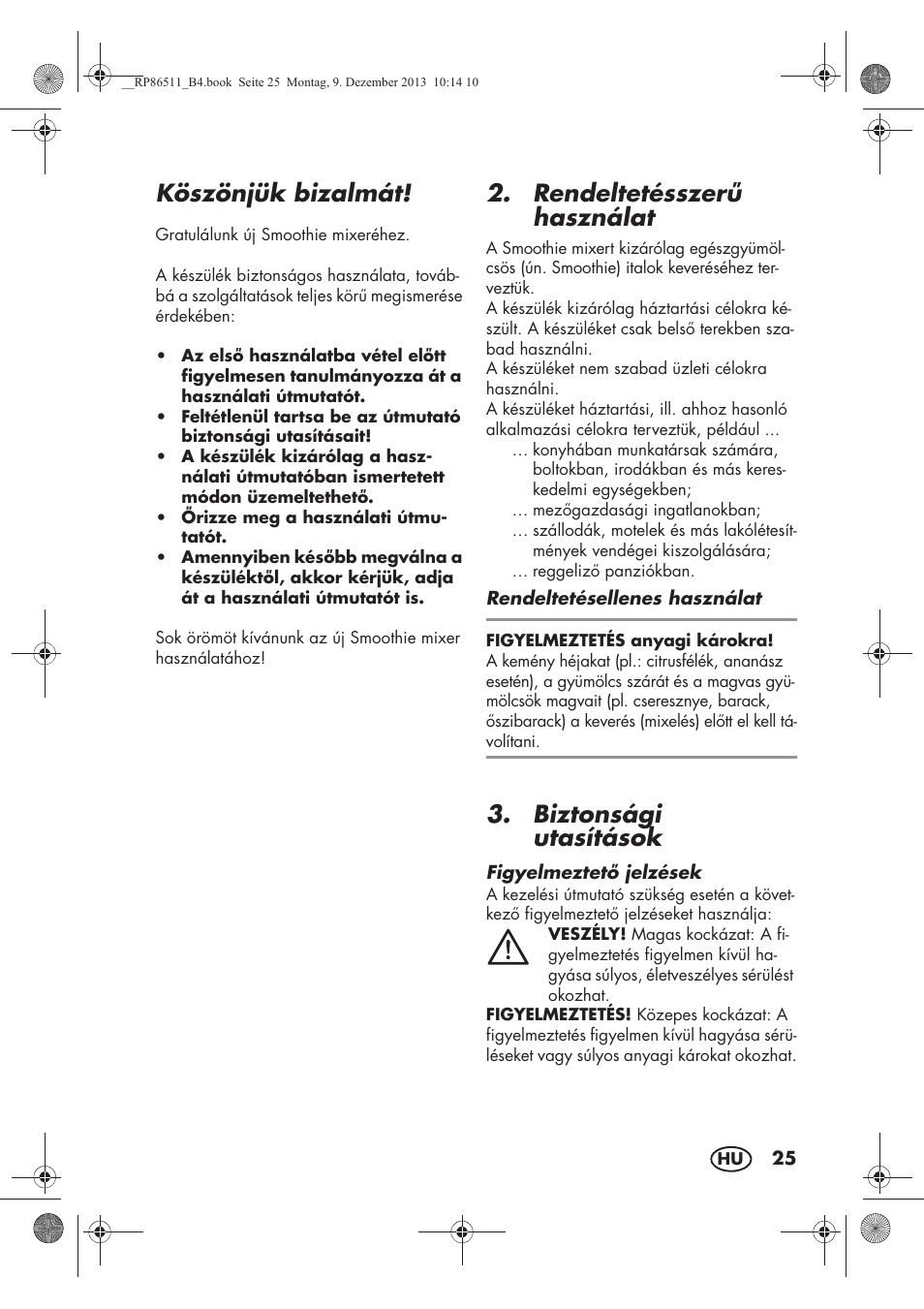 Köszönjük bizalmát, Rendeltetésszer használat, Biztonsági utasítások | Silvercrest SSM 175 A1 User Manual | Page 27 / 78