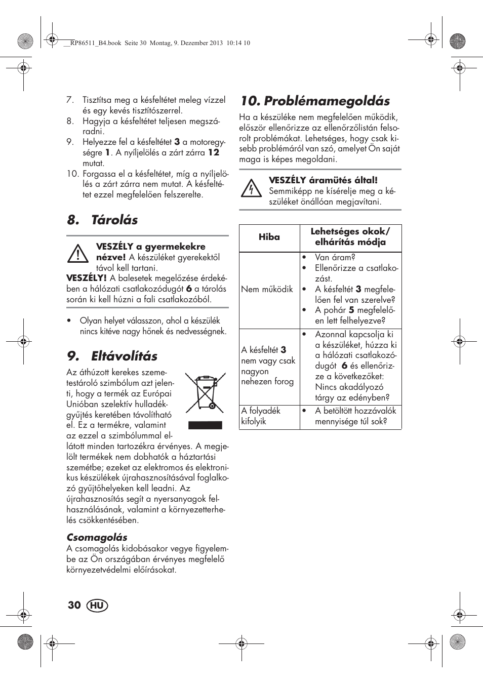 Tárolás, Eltávolítás, Problémamegoldás | Silvercrest SSM 175 A1 User Manual | Page 32 / 78