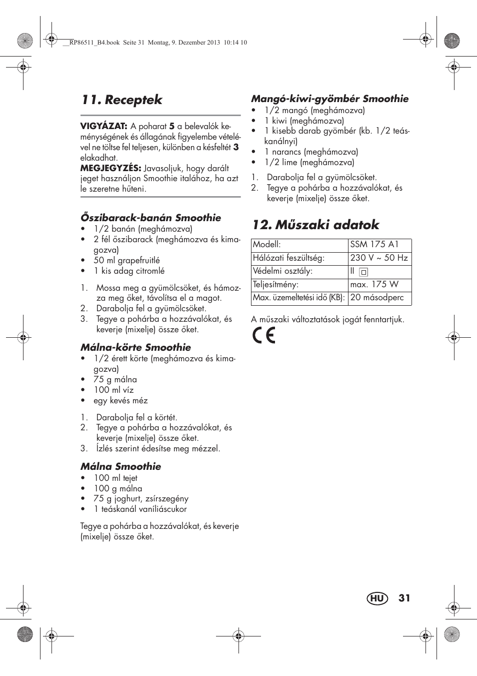 Receptek, Mszaki adatok | Silvercrest SSM 175 A1 User Manual | Page 33 / 78