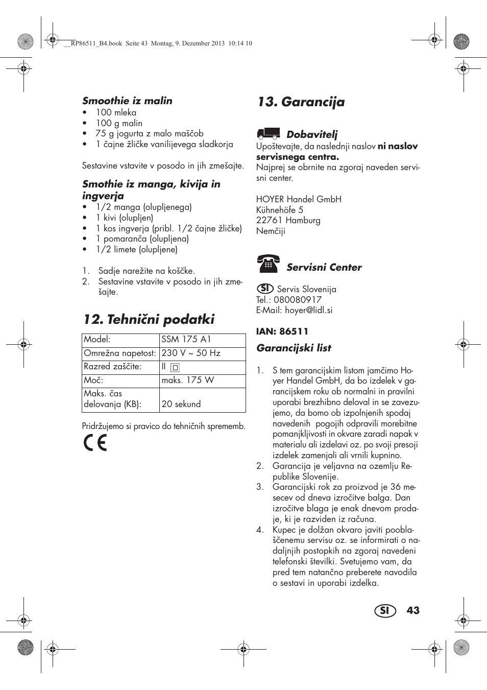 Tehnini podatki, Garancija | Silvercrest SSM 175 A1 User Manual | Page 45 / 78