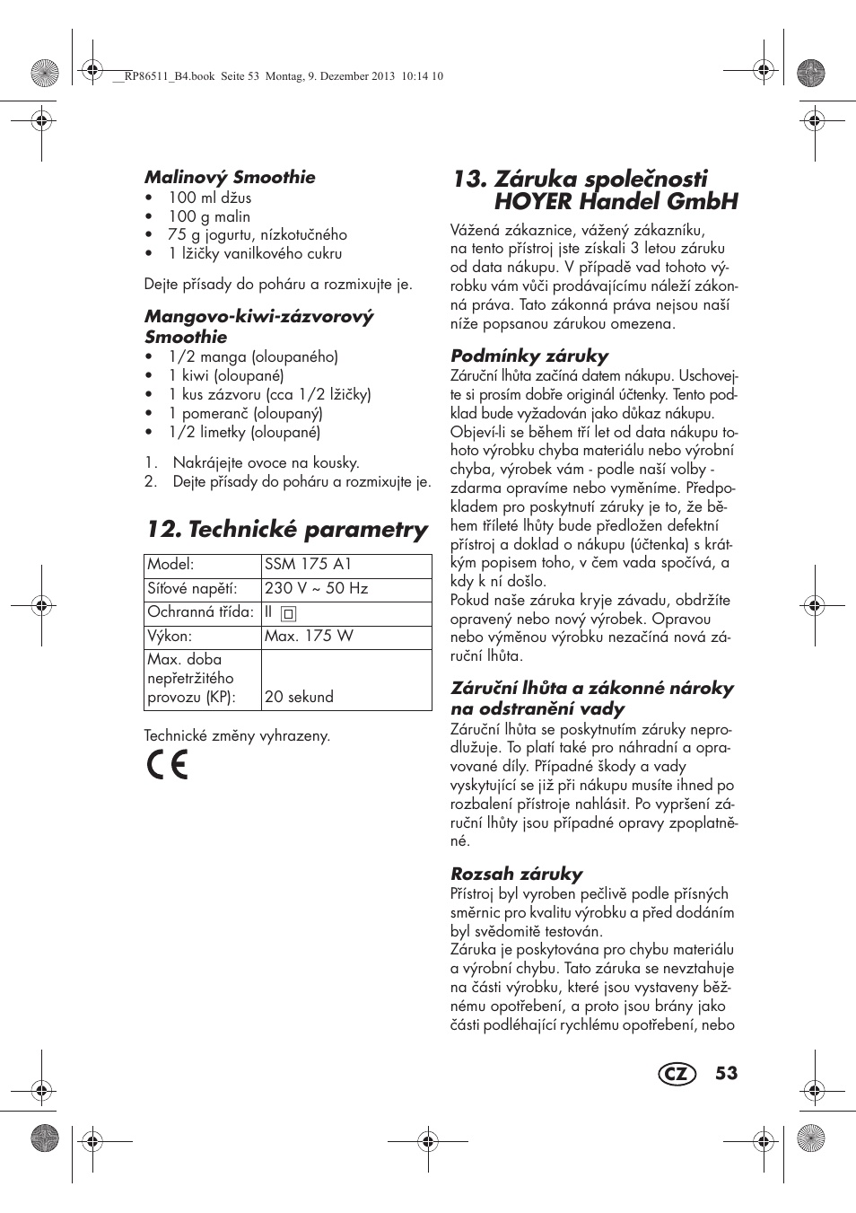 Technické parametry, Záruka spolenosti hoyer handel gmbh | Silvercrest SSM 175 A1 User Manual | Page 55 / 78