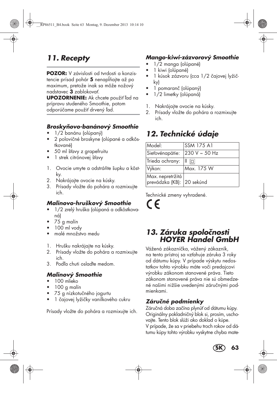 Recepty, Technické údaje, Záruka spolonosti hoyer handel gmbh | Silvercrest SSM 175 A1 User Manual | Page 65 / 78